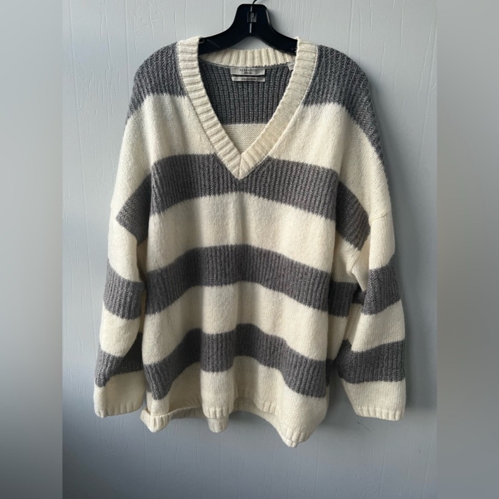 All Saints Ribbed Knit Sweater in Cream and Gray